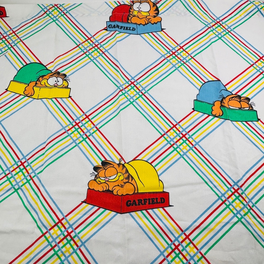 Vintage Garfield Twin Flat Sheet 1978 Rainbow Plaid Stripes Burlington USA Made